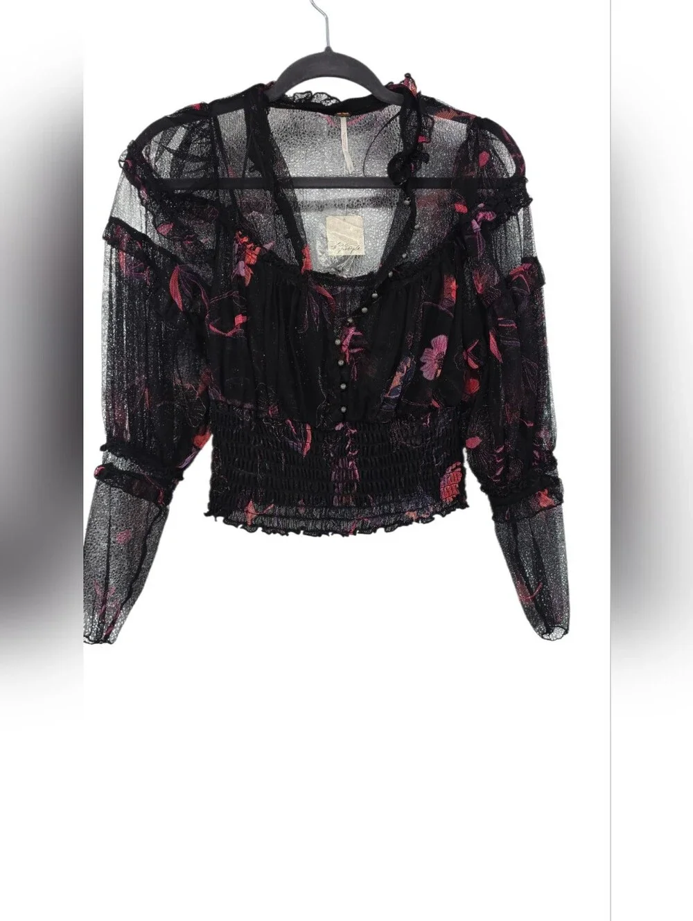 New Free People Time For Shine Mesh Blouse Black‎ Dark Romance Combo Small